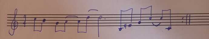 A bar of roughly scribbled sheet music